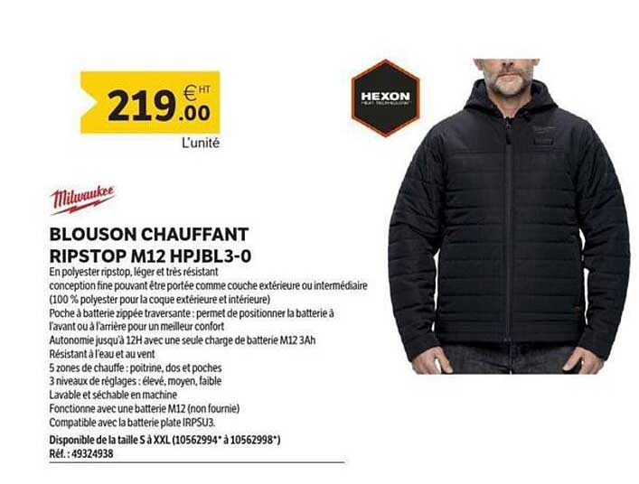 BLOUSON CHAUFFANT RIPSTOP M12 HPJBL3-0