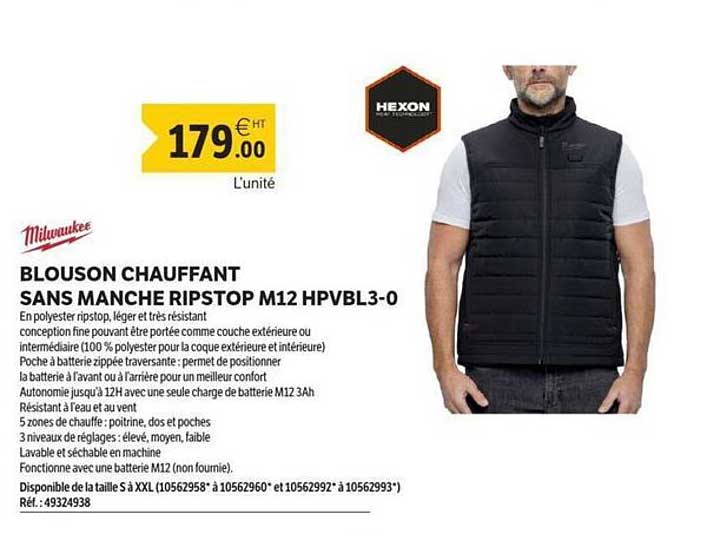 BLOUSON CHAUFFANT SANS MANCHE RIPSTOP M12 HPVBL3-0