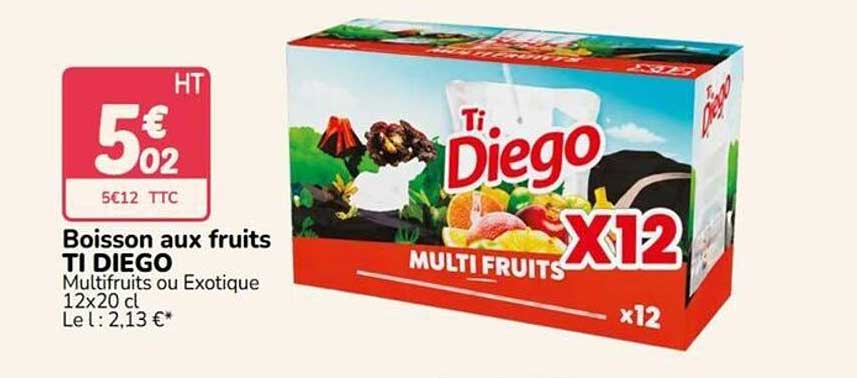 Boisson aux fruits TI DIEGO Multifruits ou Exotique 12x20 cl