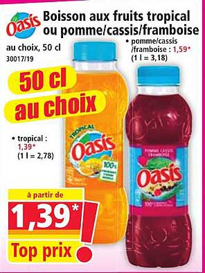 Boisson aux fruits tropical ou pomme/cassis/framboise au choix, 50 cl