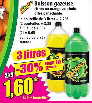 Boisson gazeuse citron ou orange au choix, offre panachable.