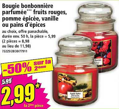 Bougie bonbonnière parfumée*** fruits rouges, pomme épicée, vanille ou pains d’épices