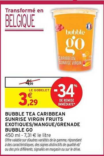 BUBBLE TEA CARIBBEAN SUNRISE VIRGIN FRUITS EXOTIQUES/MANGUE/GRENADINE BUBBLE GO