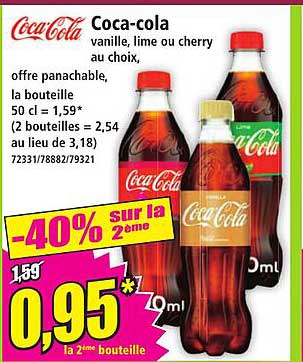 Coca-Cola vanille, lime ou cherry au choix, offre panachable, la bouteille 50 cl = 1,59* (2 bouteilles = 2,54 au lieu de 3,18)