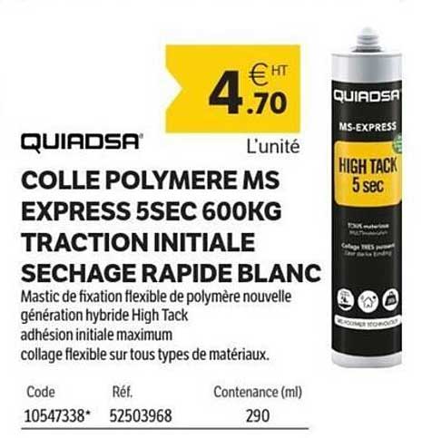 COLLE POLYMERE MS EXPRESS 5SEC 600KG TRACTION INITIALE SECHAGE RAPIDE BLANC
