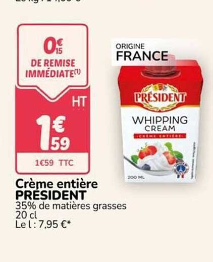 Crème entière PRÉSIDENT 35% de matières grasses 20 cl