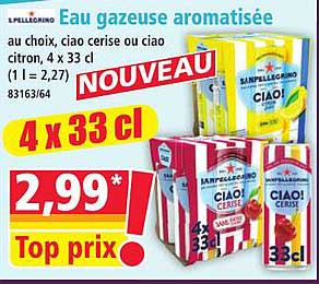 Eau gazeuse aromatisée au choix, ciao cerise ou ciao citron, 4 x 33 cl (1 l = 2,27) 83163/64