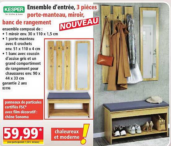 Ensemble d’entrée, 3 pièces porte-manteau, miroir, banc de rangement