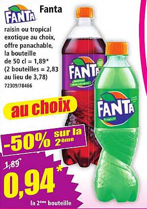Fanta raisin ou tropical exotiques au choix, offre panachable, la bouteille de 50 cl = 1,89* (2 bouteilles = 2,83 au lieu de 3,78)