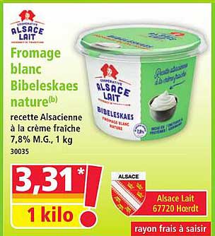 Fromage blanc Bibeleskaes nature(b) recette Alsacienne à la crème fraîche 7,8% M.G., 1 kg 30035