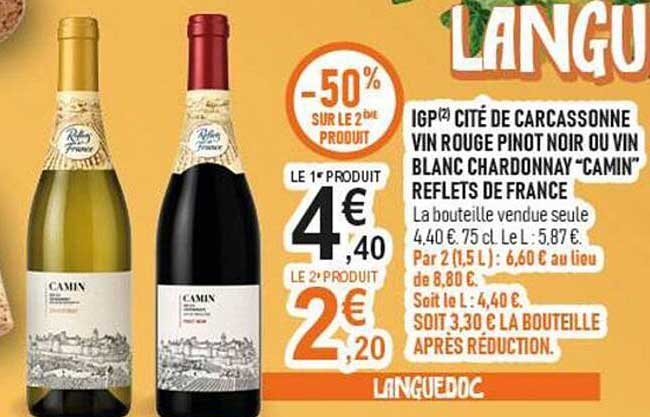 IGP Cité de Carcassonne Vin rouge Pinot Noir ou Vin Blanc Chardonnay "Camin" Reflets de France