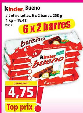 Kinder Bueno lait et noisettes, 6 x 2 barres, 258 g (1 kg = 18,41)