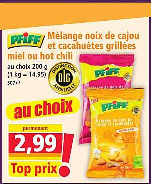 Mélange noix de cajou miel ou hot chili au choix 200 g (1 kg = 14,95)