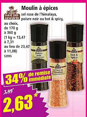 Moulin à épices sel rose de l’himalaya, poivre noir ou hot & spicy,