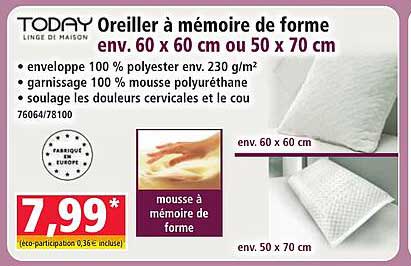 Oreiller à mémoire de forme env. 60 x 60 cm ou 50 x 70 cm