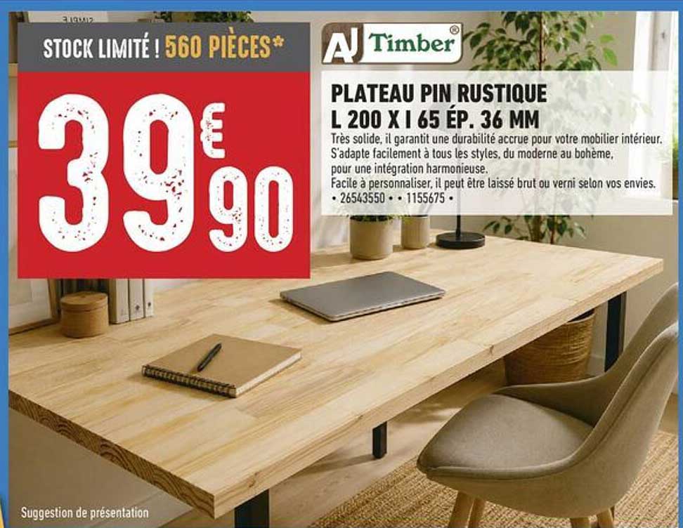 PLATEAU PIN RUSTIQUE L 200 X l 65 EP. 36 MM