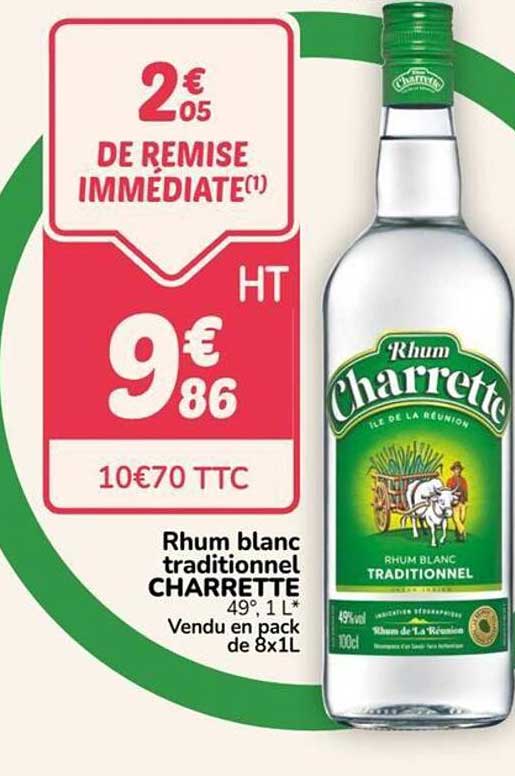 Rhum blanc traditionnel CHARRETTE 49°, 1 L* Vendu en pack de 8x1L