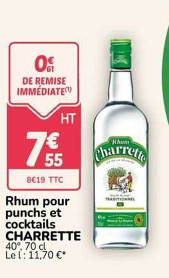 Rhum pour punchs et cocktails CHARRETTE 40°, 70 cl