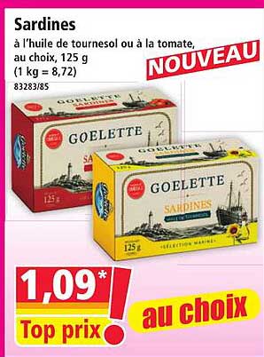Sardines à l’huile de tournesol ou à la tomate, au choix, 125 g (1 kg = 8,72)