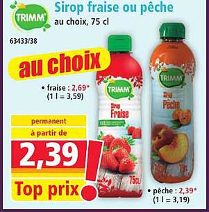 Sirop fraise ou pêche au choix, 75 cl