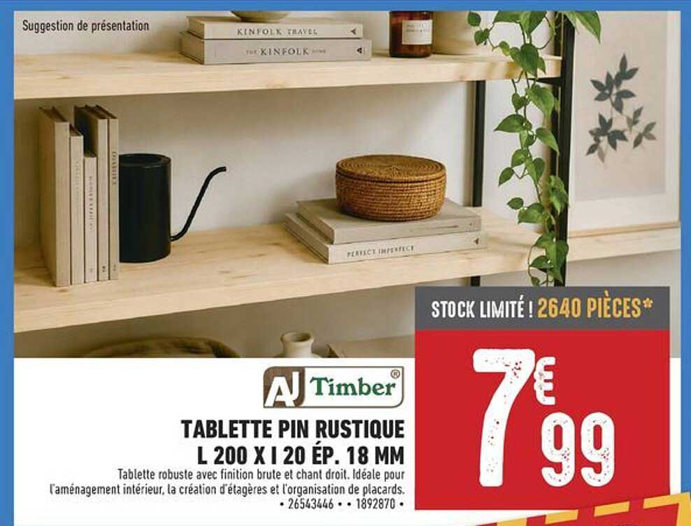 TABLETTE PIN RUSTIQUE L 200 X 120 ÉP. 18 MM