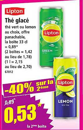 Thé glacé thé vert ou lemon au choix, offre panachable, la boîte 33 cl