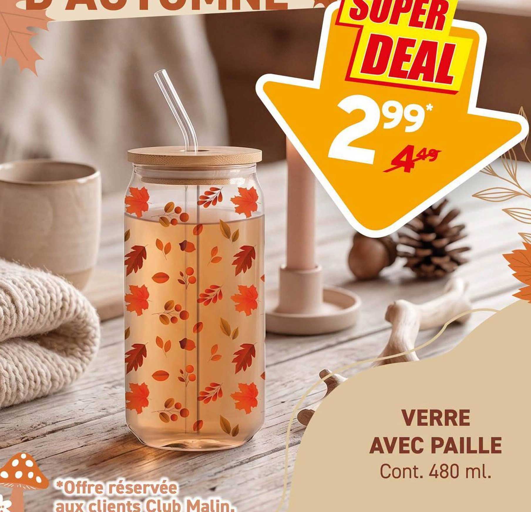 VERRE AVEC PAILLE Cont. 480 ml.