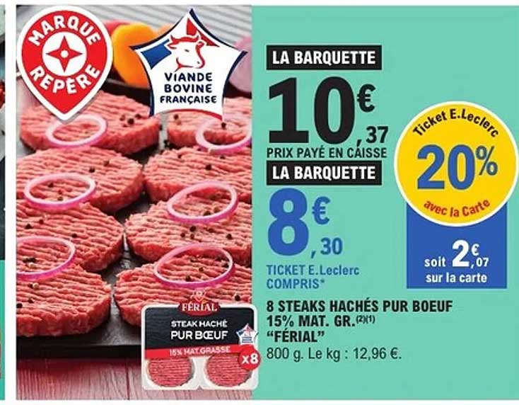8 STEAKS HACHÉS PUR BŒUF 15% MAT. GR. "FÉRIAL"