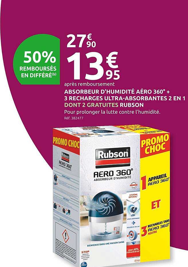 ABSORBEUR D'HUMIDITÉ AÉRO 360° + 3 RECHARGES ULTRA-ABSORBANTES 2 EN 1 DONT 2 GRATUITES RUBSON