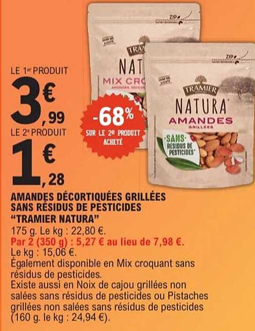 AMANDES DÉCORTIQUÉES GRILLÉES SANS RÉSIDUS DE PESTICIDES "TRAMIER NATURA"
