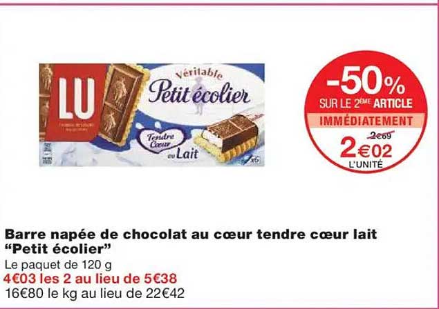 Barre napée de chocolat au cœur tendre cœur lait "Petit écolier"