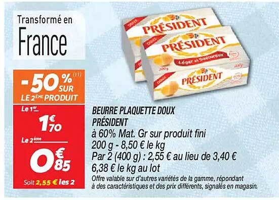 BEURRE PLAQUETTE DOUX PRÉSIDENT