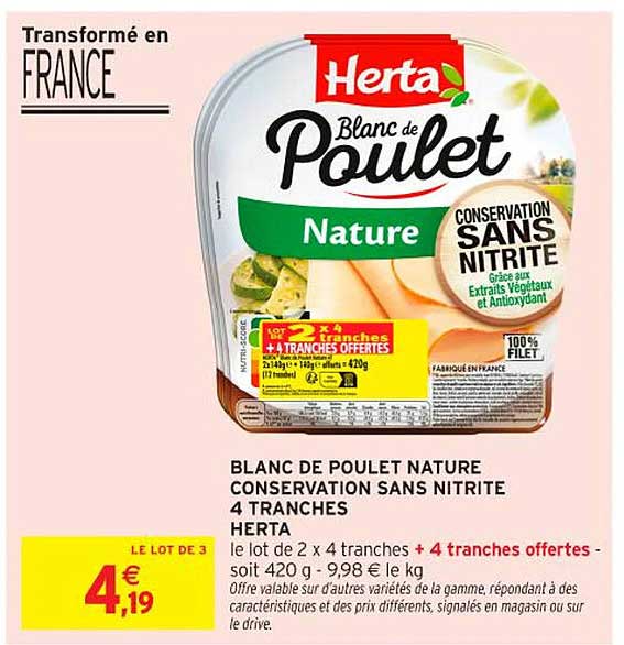 BLANC DE POULET NATURE CONSERVATION SANS NITRITE 4 TRANCHES HERTA