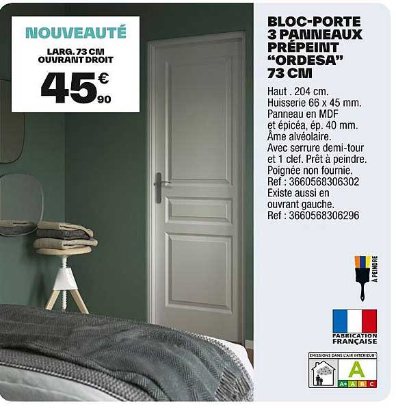 BLOC-PORTE 3 PANNEAUX PRÉPEINT “ORDESA” 73 CM