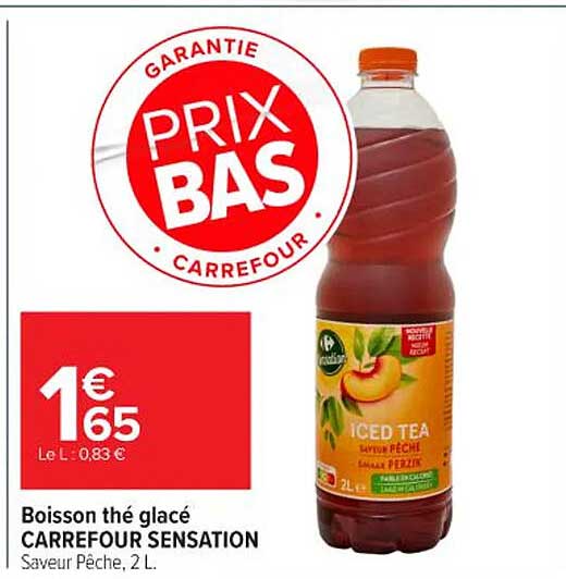 Boisson thé glacé CARREFOUR SENSATION Saveur Pêche, 2 L