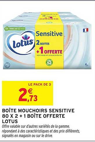 BOÎTE MOUCHOIRS SENSITIVE 80 X 2 + 1 BOÎTE OFFERTE LOTUS