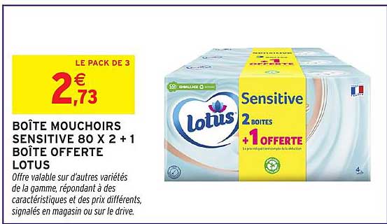 BOÎTE MOUCHOIRS SENSITIVE 80 X 2 + 1 BOÎTE OFFERTE LOTUS