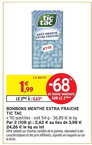 BONBONS MENTHE EXTRA FRAICHE TIC TAC