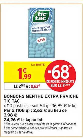 BONBONS MENTHE EXTRA FRAICHE TIC TAC