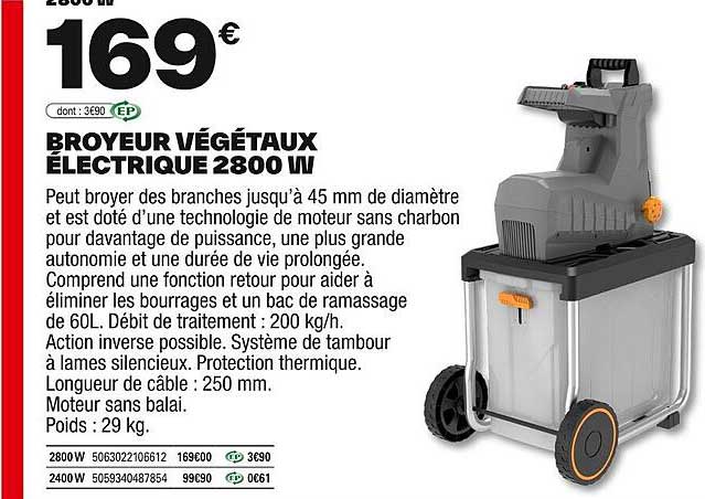 BROYEUR VÉGÉTAUX ÉLECTRIQUE 2800 W