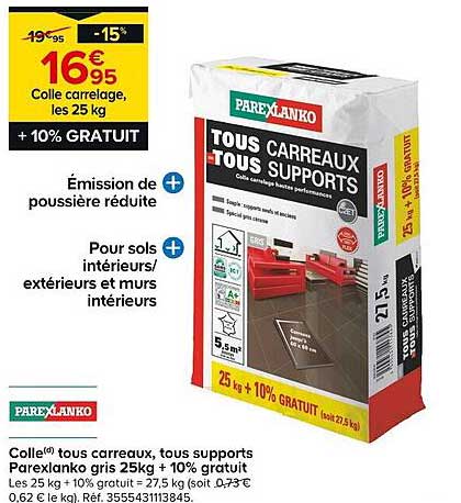 Colle carrelage, tous supports Parexlanko gris 25kg + 10% GRATUIT