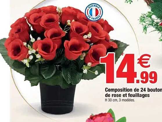 Composition de 24 bouton de rose et feuillages