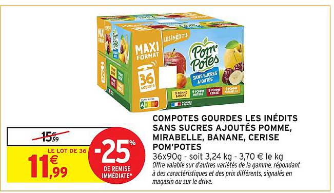 COMPOTES GOURDES LES INÉDITS SANS SUCRES AJOUTÉS POMME, MIRABELLE, BANANE, CERISE POM'POTES
