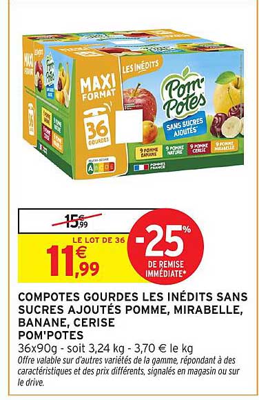 COMPOTES GOURDES LES INÉDITS SANS SUCRES AJOUTÉS POMME, MIRABELLE, BANANE, CERISE POM'POTES