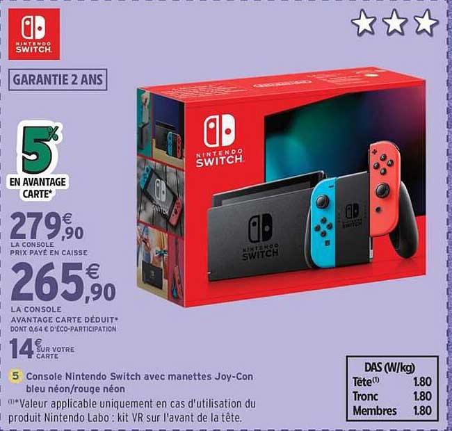 Console Nintendo Switch avec manettes Joy-Con bleu néon/rouge néon