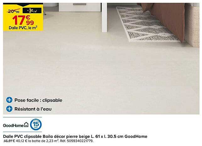 Dalle PVC clipsable Baila décor pierre beige L. 61 x l. 30.5 cm GoodHome