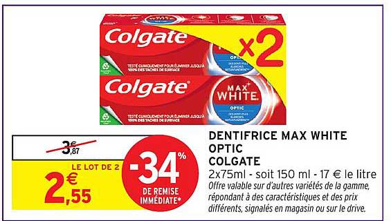 DENTIFRICE MAX WHITE OPTIC COLGATE
