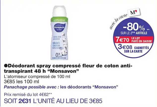 Déodorant spray compressé fleur de coton anti-transpirant 48 h "Monsavon"