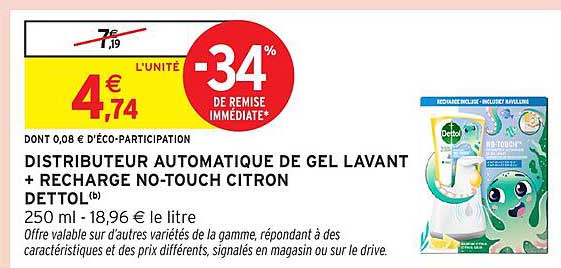 DISTRIBUTEUR AUTOMATIQUE DE GEL LAVANT + RECHARGE NO-TOUCH CITRON DETTOL