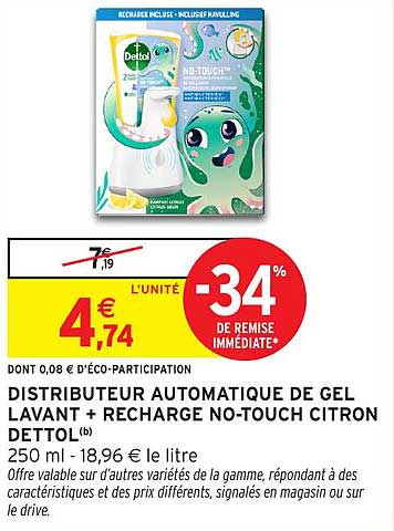 DISTRIBUTEUR AUTOMATIQUE DE GEL LAVANT + RECHARGE NO-TOUCH CITRON DETTOL